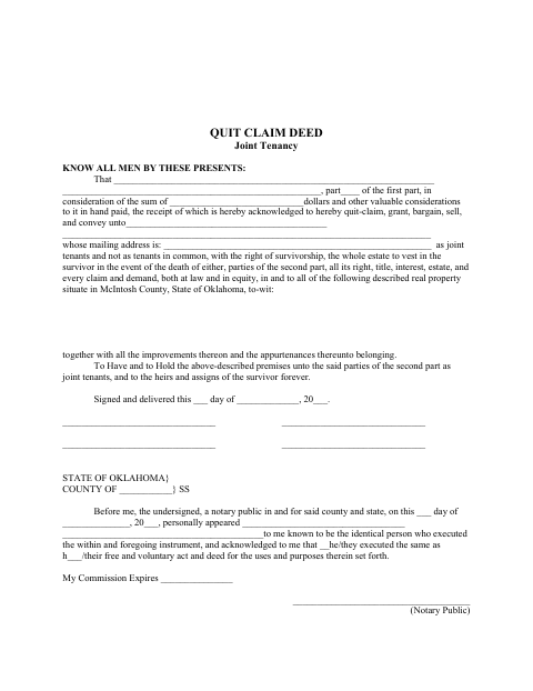 Quit Claim Deed Joint Tenancy, McIntosh County form, first page