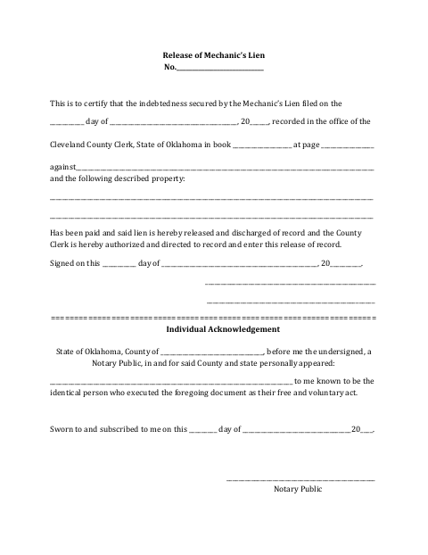 Release of Mechanic’s Lien, Cleveland County form, first page