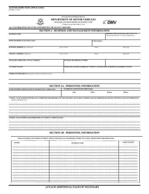 K-8 License Inspection Application first page