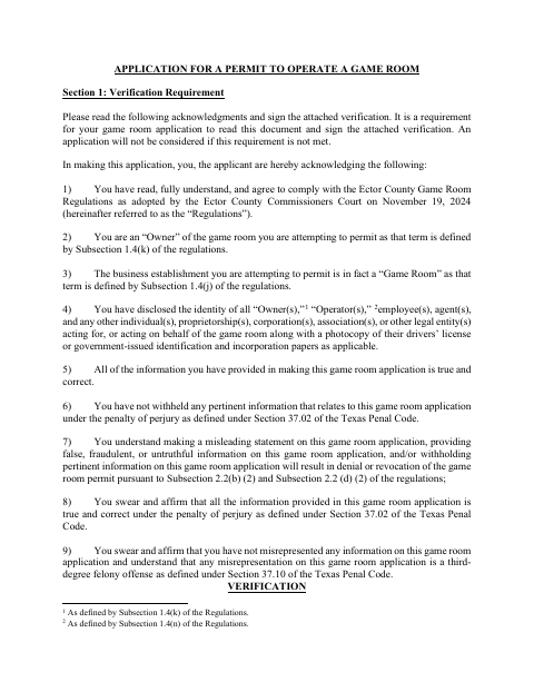 Application for a Permit to Operate a Game Room, Ector County form, first page