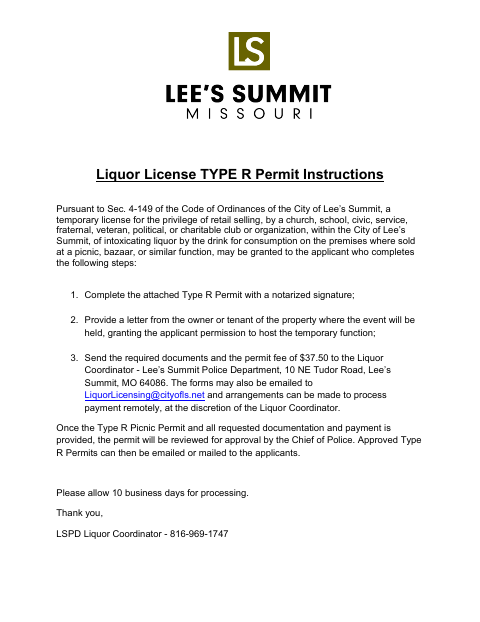 First page of the Type R Temporary Picnic Liquor Permit
