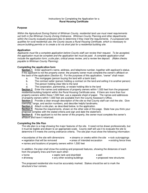 Rural Housing Certificate Application, Whitman County form, first page