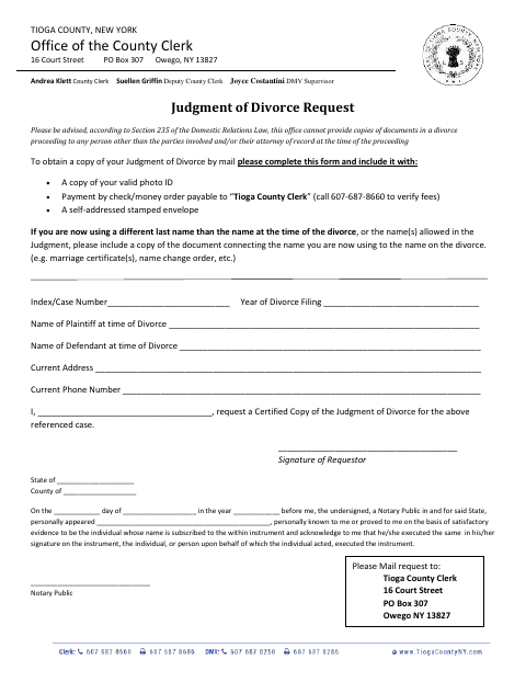 Judgment of Divorce Request, Tioga County form, first page