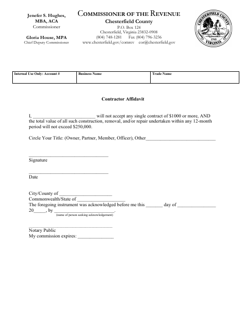 Contractor Affidavit, Chesterfield County form, first page
