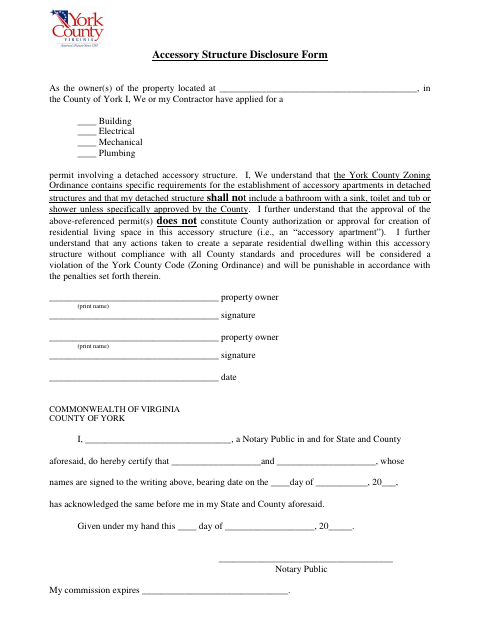 Accessory Structure Disclosure Form, York County form, first page