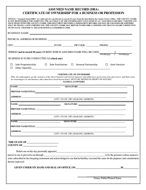 Assumed Name Record Certificate Of Ownership For A Business Or Profession, Karnes County form, first page