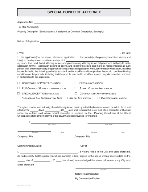 Special Power Of Attorney, City of Chesapeake form, first page