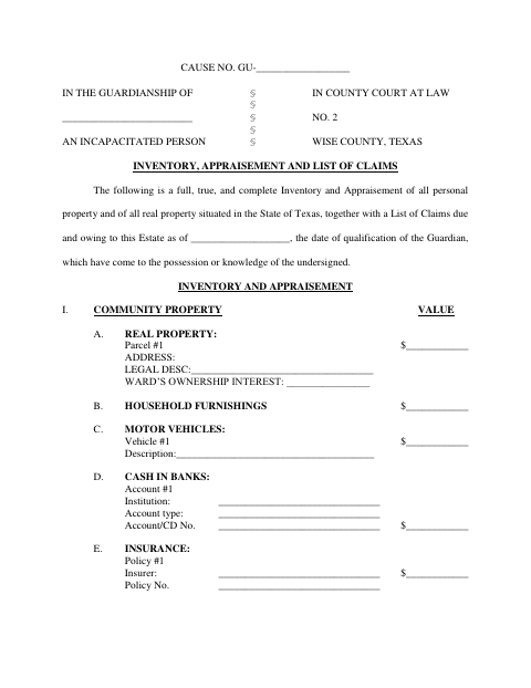Inventory, Appraisement and List of Claims, Wise County form, first page