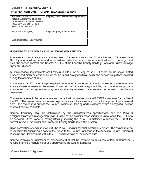 Pretreatment Unit (PTU) Maintenance Agreement, Kenosha County form, first page