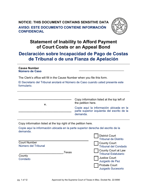 Statement of Inability to Afford Payment of Court Costs or an Appeal Bond, Atascosa County form, first page