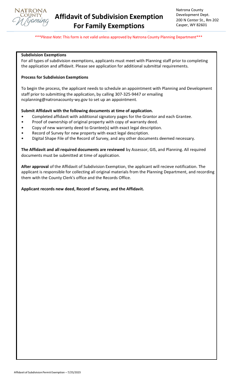 Affidavit of Subdivision Exemption for Family Exemptions, Natrona County form, first page