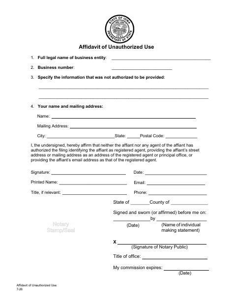 Affidavit of Unauthorized Use 7-26 first page