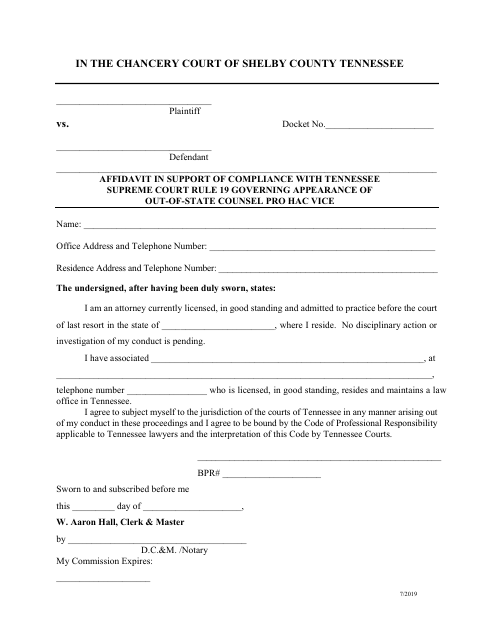 Affidavit in Support of Compliance With Tennessee Supreme Court Rule 19, Shelby County form, first page