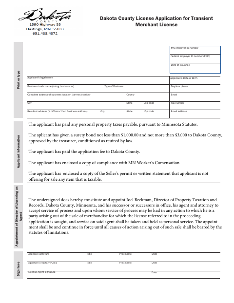 First page of the Application for Transient Merchant License