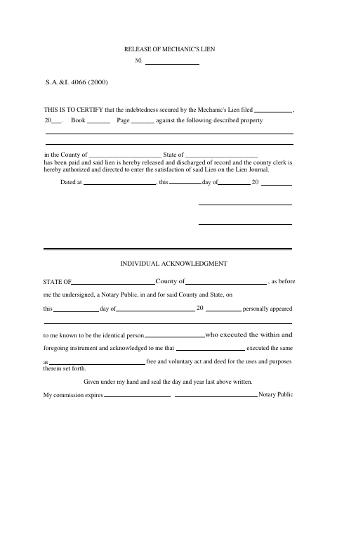 Release of Mechanic's Lien, Grady County form, first page