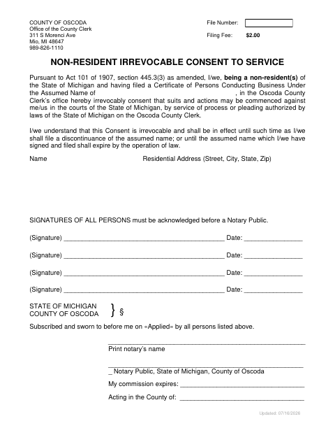 Non-Resident Irrevocable Consent to Service, Oscoda County form, first page