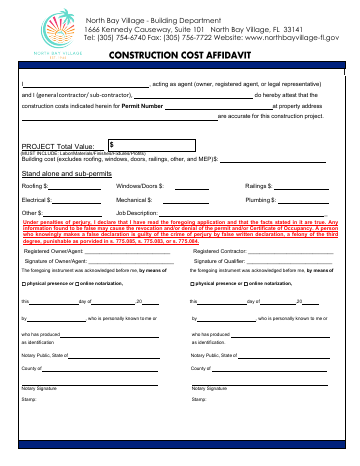 First page of the Construction Cost Affidavit