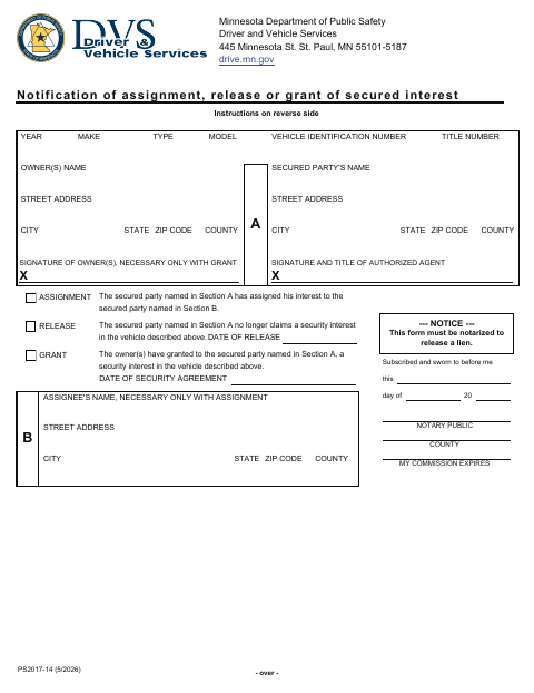 PS2017-14 Notice of Assignment, Release or Grant of Secured Interest first page