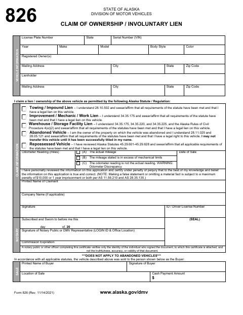 Form 826 Claim of Ownership / Involuntary Lien first page