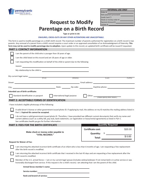 HD002109 Request to Modify Parentage on a Birth Record first page
