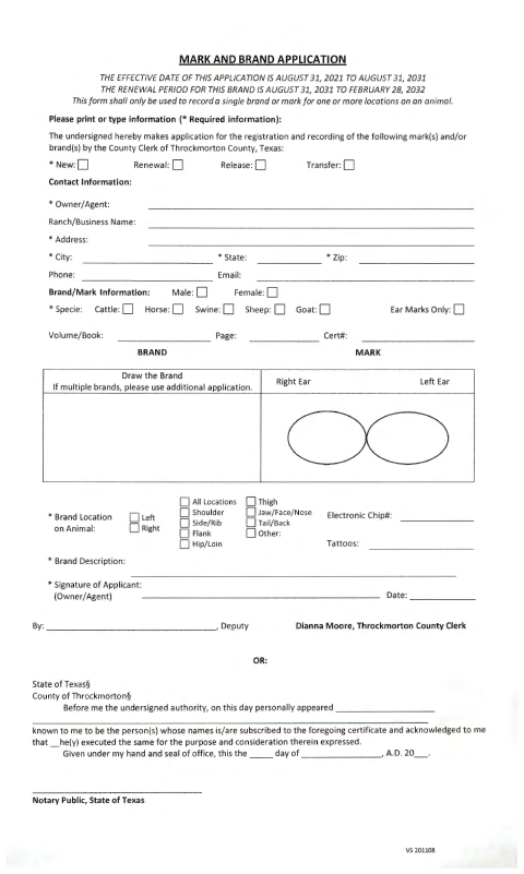 Mark and Brand Application, Throckmorton County form, first page