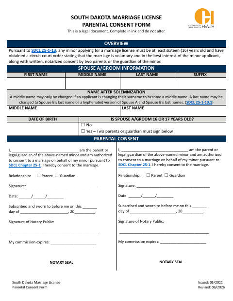 Marriage License Parental Consent Form, Davison County form, first page