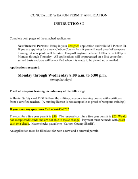 First page of the Concealed Weapon Permit Application