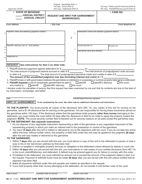 Request and Writ for Garnishment (Nonperiodic), Shiawassee County form, first page