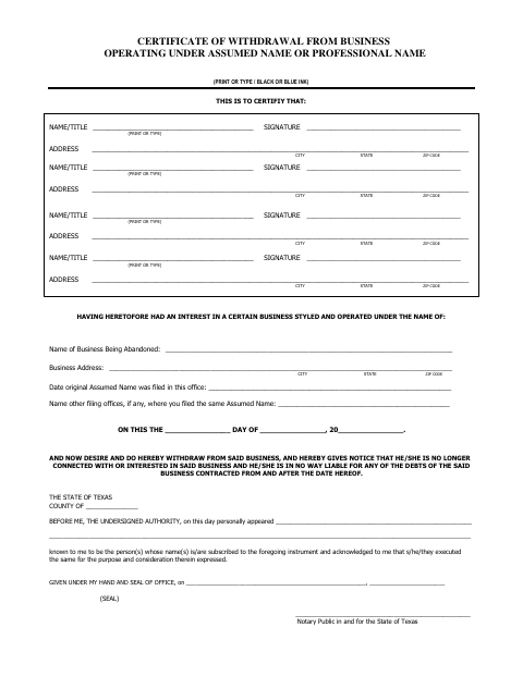 Certificate of Withdrawal from Business Operating Under Assumed Name, Hidalgo County form, first page