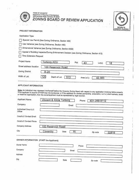 First page of the Dimensional Variance Application