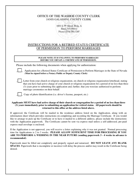 Retired Status Application for Certificate of Permission to Perform Marriages, Washoe County form, first page