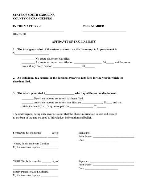 Affidavit of Tax Liability, Orangeburg County form, first page
