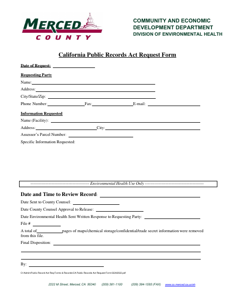 First page of the California Public Records Act Request Form