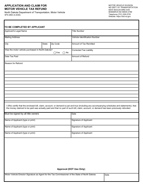 SFN 2883 Application and Claim for Motor Vehicle Tax Refund first page