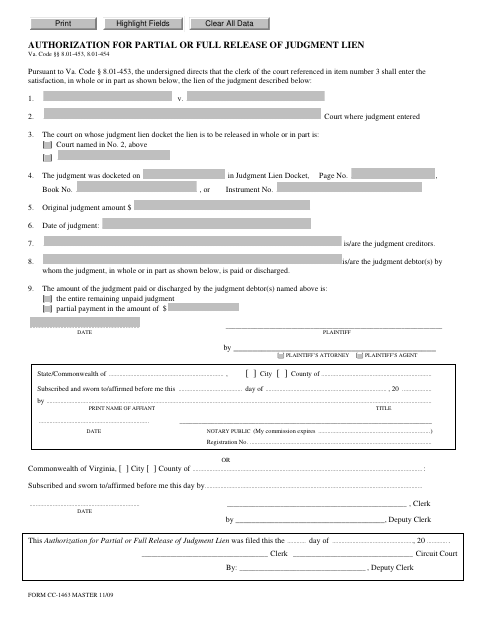 Authorization for Partial or Full Release of Judgment Lien, Montgomery County form, first page