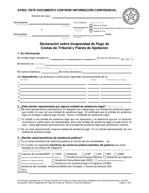 First page of the Declaración Sobre Incapacidad de Pago de Costas de Tribunal y Fianza de Apelación