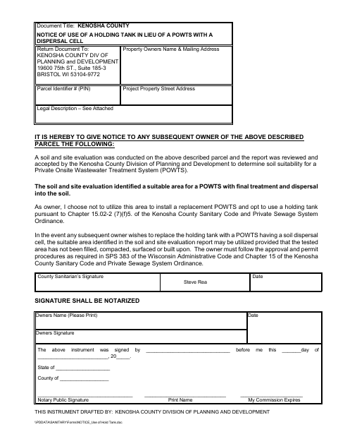 Notice of Use of a Holding Tank in Lieu of a POWTS with a Dispersal Cell, Kenosha County form, first page