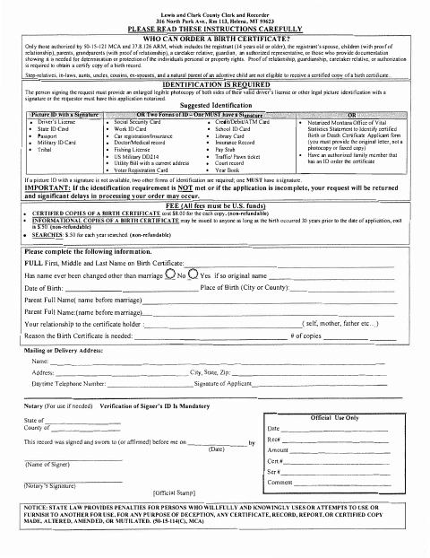 First page of the Birth Certificate Order Form