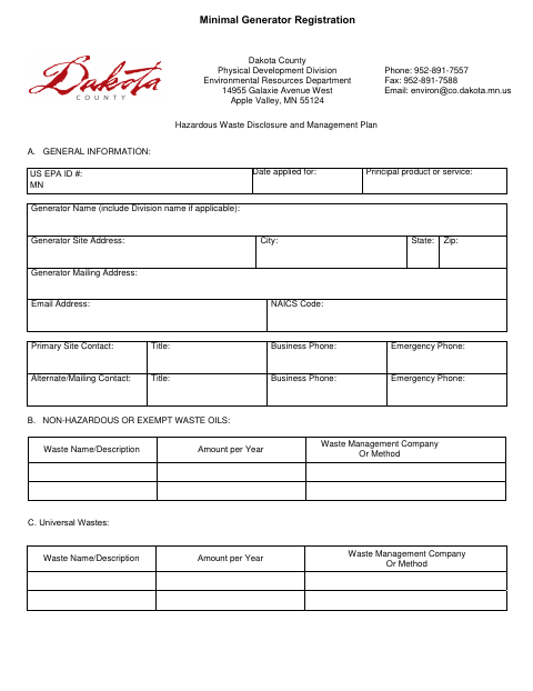 First page of the Minimal Generator Registration