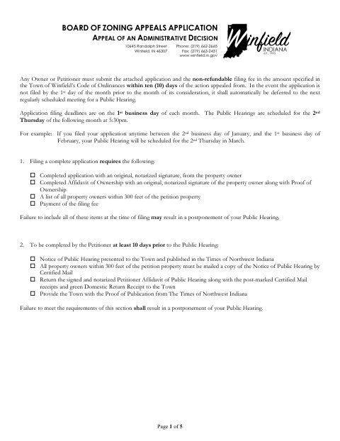 First page of the Board of Zoning Appeals Application: Appeal of Administrative Decision