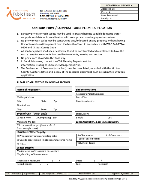 Sanitary Privy / Compost Toilet Permit Application, Kittitas County form, first page
