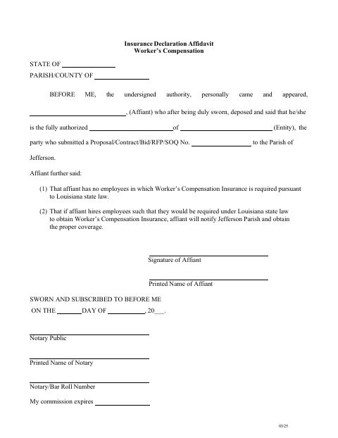 Workers Compensation Insurance Declaration Affidavit, Jefferson Parish form, first page