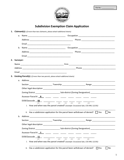 Subdivision Exemption Claim Application, Gallatin County form, first page