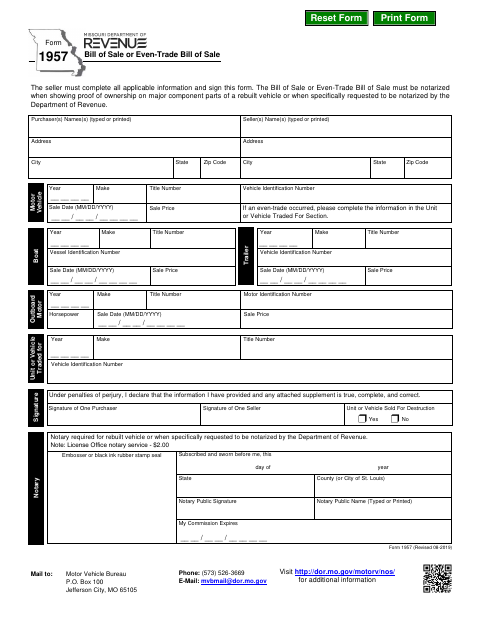 Form 1957 Bill of Sale or Even-Trade Bill of Sale first page