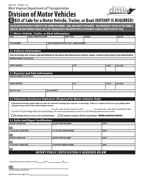 DMV-7-TR Bill of Sale for a Motor Vehicle, Trailer, or Boat first page