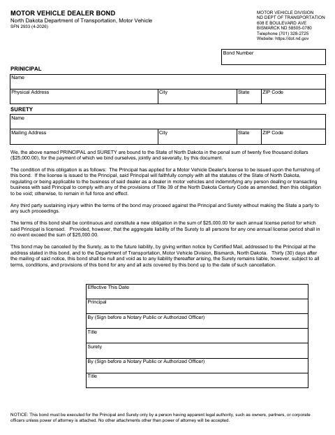 SFN 2933 Motor Vehicle Dealer Bond first page
