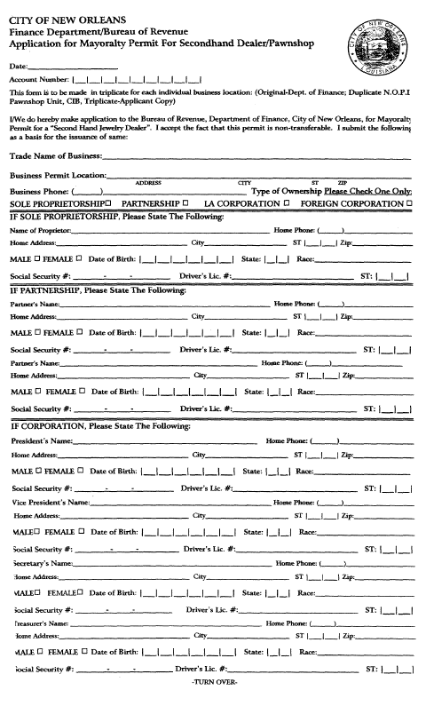 Application for Mayoralty Permit for Secondhand Dealer or Pawnshop, Orleans Parish form, first page