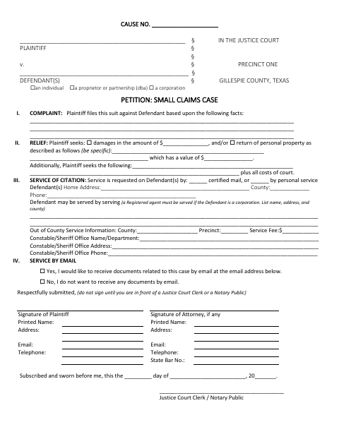 Petition: Small Claims Case, Gillespie County form, first page