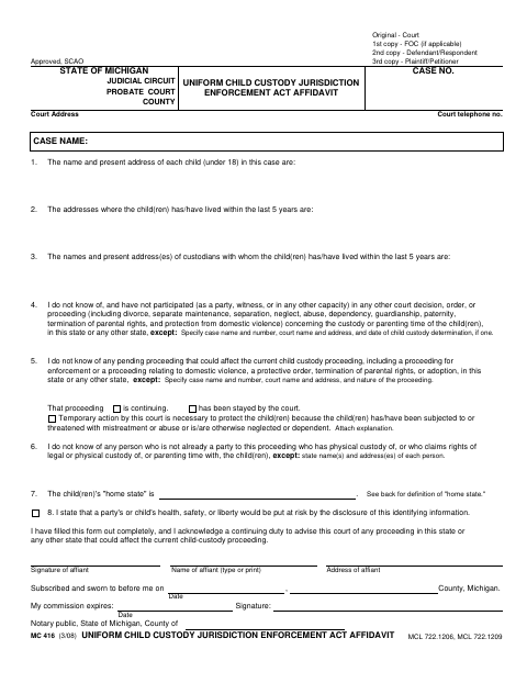 Uniform Child Custody Jurisdiction Enforcement Act Affidavit, Grand Traverse County form, first page