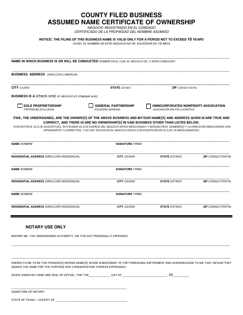 Assumed Name Certificate of Ownership, Webb County form, first page